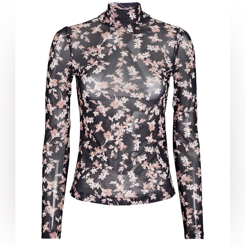 Intermix Floral Mesh Long Sleeve Turtleneck - Black, White and Pink